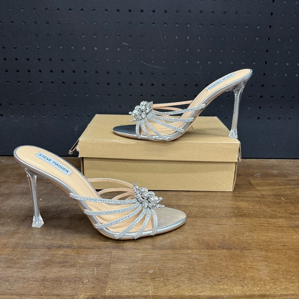 New W/ Box! Women's Steve Madden Pamela Rhinestone Silver Holiday Heels Size 11